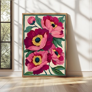 Framed Floral Wall Art,Pink Peonies Print,Modern Colorful Peony Art,Abstract Summer Flowers Poster,Bright Colourful Art Print,Botanical Art