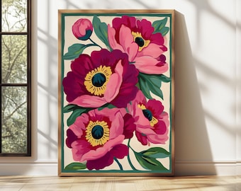 Framed Floral Wall Art,Pink Peonies Print,Modern Colorful Peony Art,Abstract Summer Flowers Poster,Bright Colourful Art Print,Botanical Art