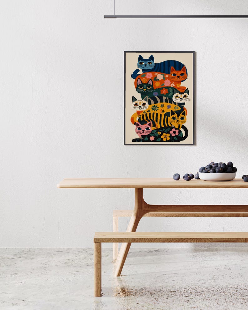 Colorful Cat Wall Decor,Playful Cat Illustration,Maximalist Home Poster,Funny Cat Art Print,Whimsical Floral Artwork,Bright Modern Decor image 7