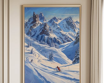 Winter Sports  Ski Wall Art, Ski Illustration Printable, Snowy Winter Wall Art  poster, Ski Resort Travel Posters, Digital Printable Art