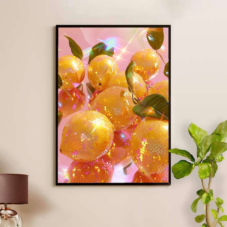 Pu&ograve; includere: Stampa artistica incorniciata con un gruppo di limoni a sfera da discoteca con foglie verdi su sfondo rosa. I limoni sono gialli con superfici a specchio, che riflettono la luce. L'opera d'arte ha un tema stravagante e giocoso.
