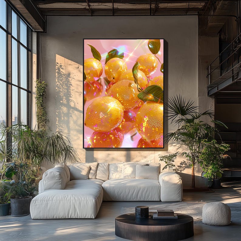 Pu&ograve; includere: Una stampa artistica incorniciata con un primo piano di limoni gialli con effetto palla da discoteca. I limoni hanno foglie verdi e sono ambientati su uno sfondo rosa con riflessi scintillanti. L'opera d'arte &egrave; esposta in un moderno soggiorno.