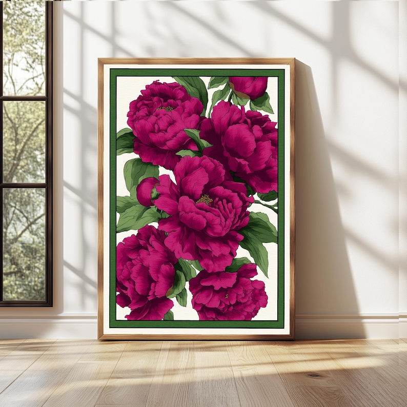 May include: A framed print featuring a cluster of vibrant magenta peonies with green leaves against a white background.