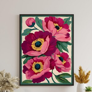 Pink Peonies Print,Modern Colorful Peony Art,Abstract Summer Flowers Poster,Bright Colourful Art Print,Large Printable Wall Art image 2