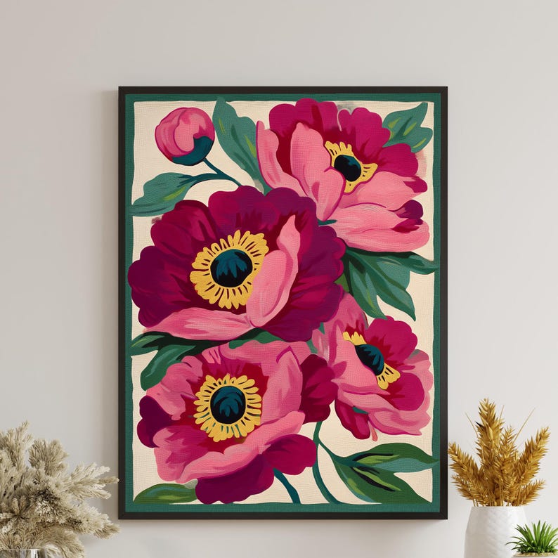 Pink Peonies Print,Modern Colorful Peony Art,Abstract Summer Flowers Poster,Bright Colourful Art Print,Large Printable Wall Art image 2