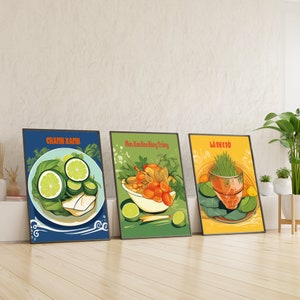 Arte de parede do Vietnã, pôster de comida vietnamita, cultura vietnamita, impressão de ilustração em aquarela, pôster de culinária vietnamita, comida do sudeste asiático