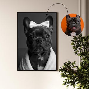 Custom Pet Portrait Photo,Funny Bathroom Art,Dog In Bathrobe Towel,Dog Playing Tablet，Dog Wall Art,Pet In Bathtub,Personalized Pet Gift