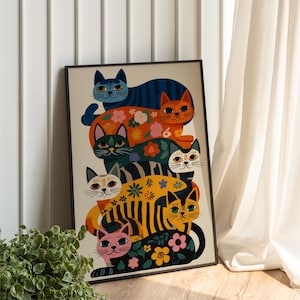 Colorful Cat Wall Decor,Playful Cat Illustration,Maximalist Home Poster,Funny Cat Art Print,Whimsical Floral Artwork,Bright Modern Decor image 9