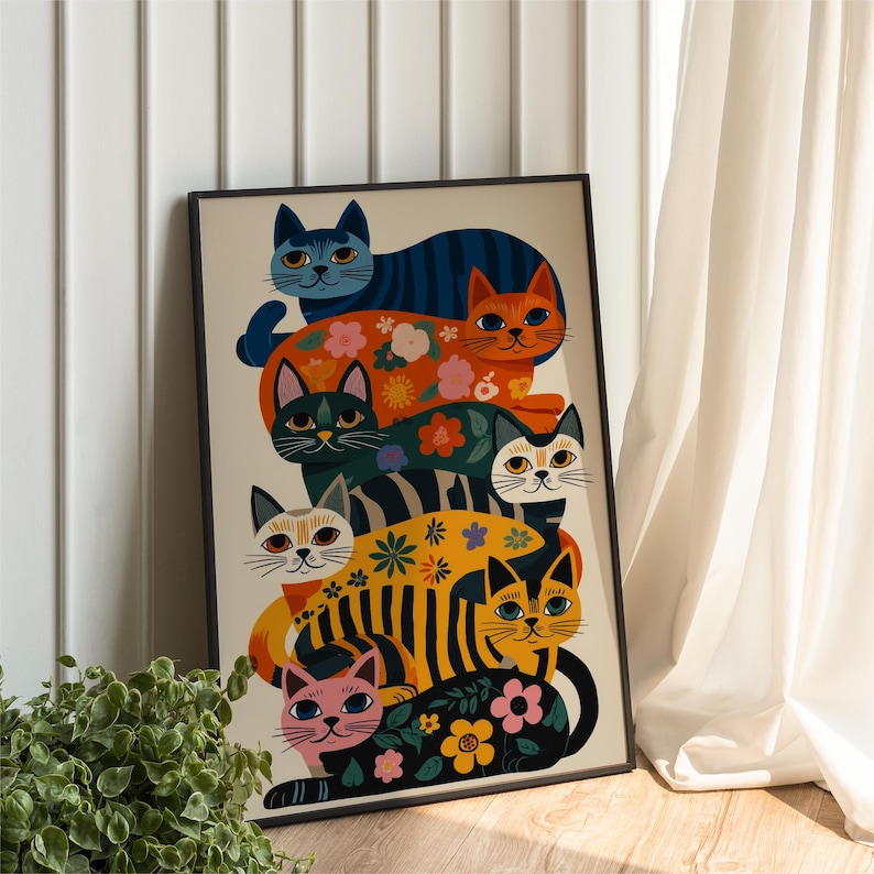 Colorful Cat Wall Decor,Playful Cat Illustration,Maximalist Home Poster,Funny Cat Art Print,Whimsical Floral Artwork,Bright Modern Decor image 9