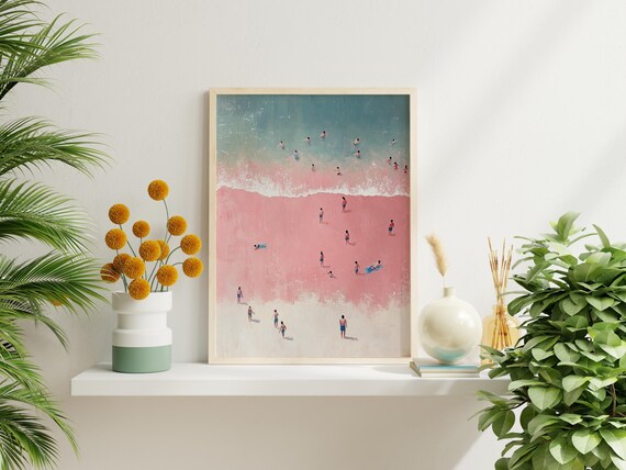Tiny People Swimming In Ocean Print,Pink Beach Poster,Beachy Wall Art,Minimalist Printable Wall Art,Cubicle Decor,Aesthetic Print