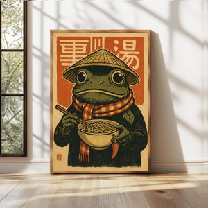 Retro Frog Ramen Poster ,Quirky Frog Eating Ramen Print, Japanese Ramen Noodles Wall Art, Vintage Kitchen Decor, Unique Frog Wall Art