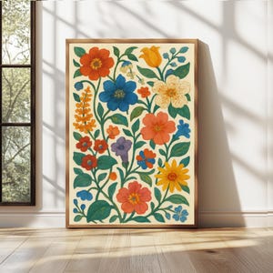 Whimsical Colorful Floral Art Print, Colourful Quirky Handrawn Art,Abstract Botanical Wall Decor, Cottagecore Room Aesthetic Poster