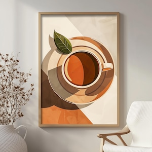 Arte mural con café en terracota con ambiente matutino, arte mural imprimible, impresión digital de café, póster vintage de café, decoración bohemia, regalo para amantes del café.