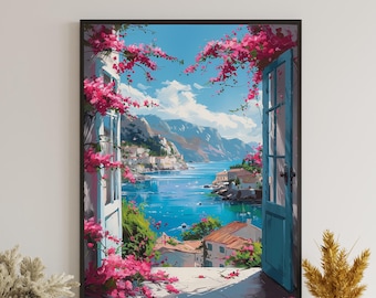 Open Window  Print,Fauvist Style Print,Modern Art Exhibition Poster, Patio View Wall Art,Inspired by Mediterranean Italy,Lake Como