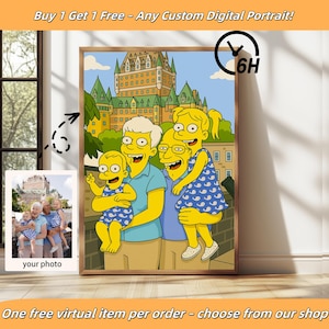 Retrato personalizado engraçado, desenho de família em estilo cartoon amarelo, ilustração personalizada de casal ou animal de estimação, presente digital exclusivo para qualquer ocasião