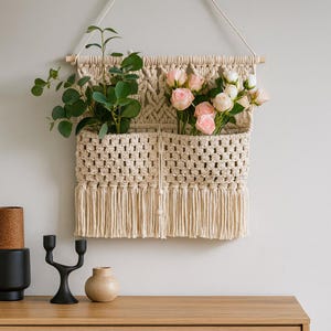 Macrame Wall Hanging with Pocket,Woven Yarn Wall Art,Yarn Wall Art,Boho Wall Decor, Handmade Tapestry for Living Room or Bedroom,Office