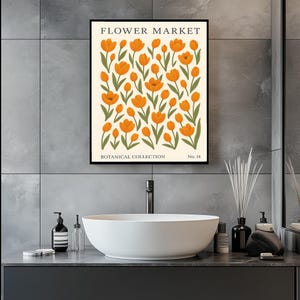 K&ouml;nnte beinhalten: Eine botanische Illustration von orangefarbenen Tulpen mit gr&uuml;nen Stielen und Bl&auml;ttern. Der Druck tr&auml;gt den Titel "Flower Market" und ist Teil einer Serie "Botanical Collection". Der Druck ist mit "No. 14" nummeriert.