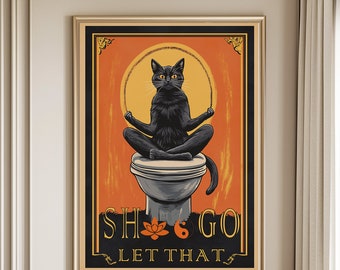 Restroom Art Print Poster, Black Cat Sitting On Toilet, Funny Cat Bathroom Wall Art, Whimsy Pet Poster, Cat Lover Gift,Cat Doing Yoga Poster