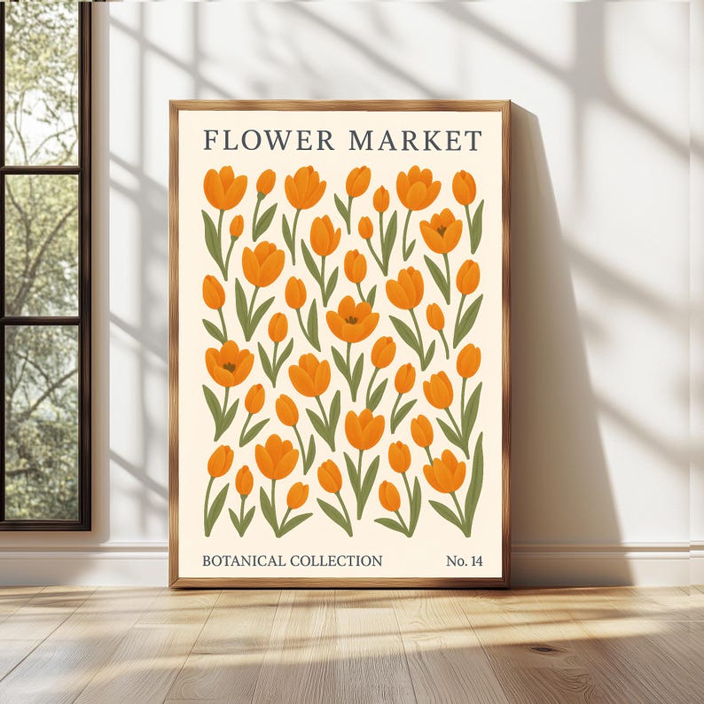 K&ouml;nnte beinhalten: Ein druckbarer Kunstdruck mit einer botanischen Illustration von orangefarbenen Tulpen mit gr&uuml;nen Stielen und Bl&auml;ttern auf wei&szlig;em Hintergrund. Der Druck tr&auml;gt den Text "FLOWER MARKET" oben und "BOTANICAL COLLECTION No. 14" unten.