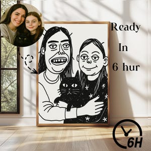 Op de afbeelding: Een zwart-wit illustratie in een lijst van twee mensen en een zwarte kat. De kunst is in cartoonstijl. De tekst "Ready In 6 hur" staat aan de rechterkant van de lijst. Een foto van twee vrouwen en een zwarte kat staat linksboven.