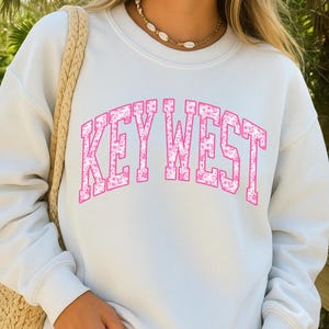 Key West Sweatshirt Florida Keys Vacation Attire Beach Holiday Tropical Design Floral Crewneck Cotton Blend Unisex Pullover Pink Flowers