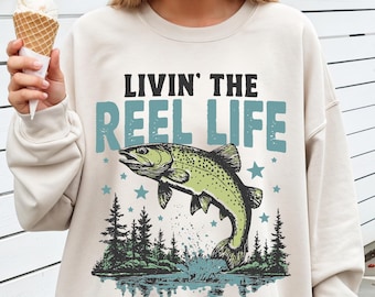 Sudadera de cuello redondo para pesca, estilo carrete, para exteriores, para trucha, mosca, unisex, diseño retro vintage de lubina, pescador