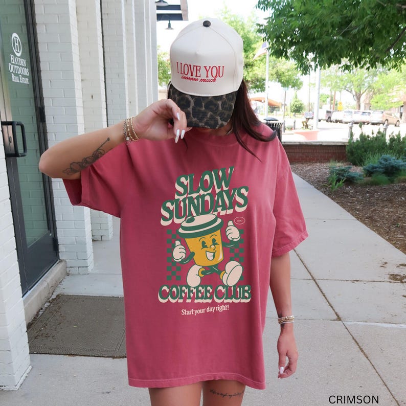 Premium Cotton Tshirt Slow Sundays Coffee Club Comfortable Fit Design Retro Graphic Style Vintage Cafe Aesthetic Unisex Adult Sizing Oversized Option Available Coffee Lover Apparel Weekend Morning Essential Barista Gift Idea Trendy Casual