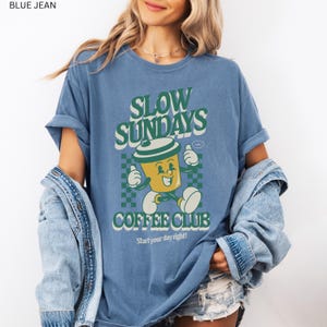 Coffee Club Apparel Slow Sunday Morning Tshirt Retro Graphic Design Vintage Style Tee Premium Cotton Fabric Comfortable Fit Unisex Fashion Coffee Lover Gift Barista Favorite Clothing Cafe Aesthetic Collection Trendy Casual Wear Everyday