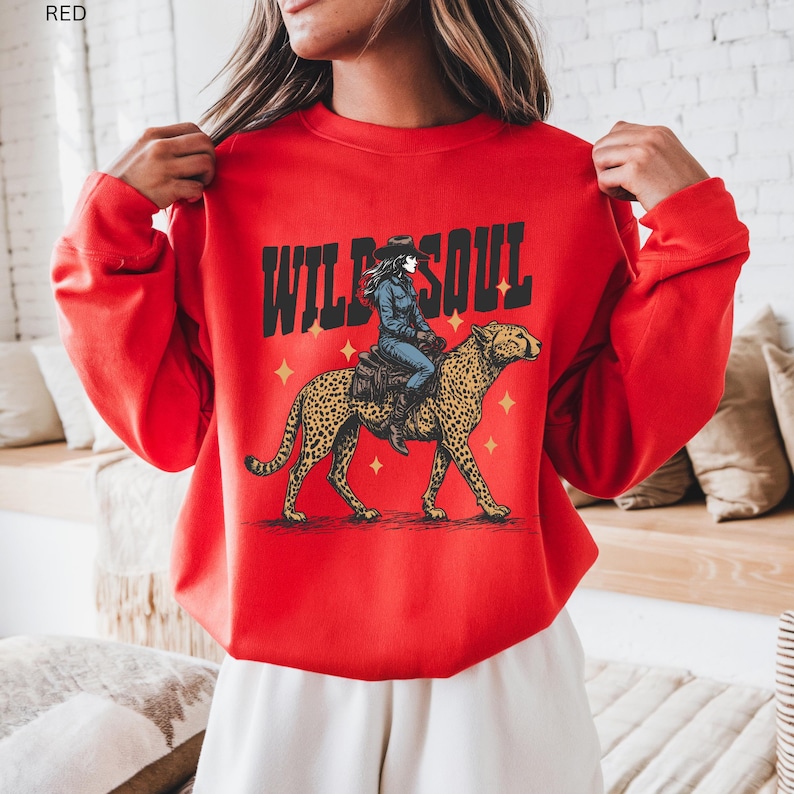 Leopard Cowgirl Sweatshirt Western Style Retro Crewneck Wild Soul Print Country Fashion Statement Rodeo Wear Collection Vintage Inspired Ranch Clothing Casual Western Outfit Boho Apparel Design Cotton Polyester Blend Unisex Sizing
