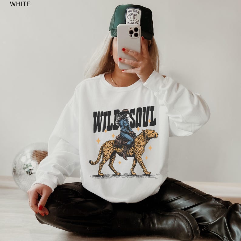 Western Style Sweatshirt Leopard Print Design Retro Cowgirl Crewneck Wild Soul Graphic Vintage Inspired Fashion Country Rodeo Wear Ranch Clothing Collection Casual Outfit Essential Cotton Polyester Blend Comfortable Fit Unisex Adult Sizing