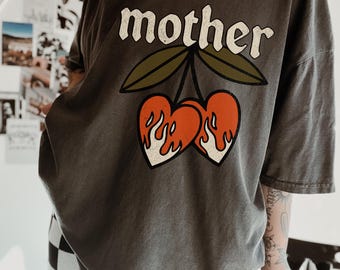 Mother Tee Shirt Comfort Colors Cotton Graphic Design Vintage Flame Edgy Mom Style Streetwear Mama Apparel Grunge Aesthetic Trendy Cherry