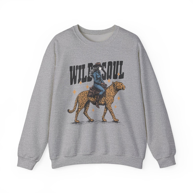 Country Fashion Sweatshirt Leopard Print Design Western Cowgirl Style Retro Crewneck Collection Wild Soul Graphic Vintage Inspired Rodeo Wear Ranch Clothing Essential Comfortable Cotton Polyester Blend Unisex Adult Sizing Casual Western