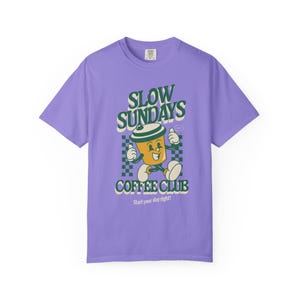 Retro Coffee Graphic Tshirt Slow Sundays Club Design Vintage Style Tee Premium Cotton Fabric Comfortable Fit Unisex Fashion Coffee Lover Apparel Cafe Aesthetic Collection Weekend Morning Essential Barista Gift Idea Trendy Casual Wear