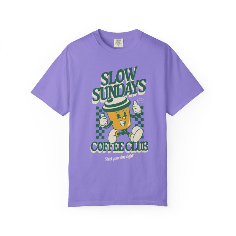 Retro Coffee Graphic Tshirt Slow Sundays Club Design Vintage Style Tee Premium Cotton Fabric Comfortable Fit Unisex Fashion Coffee Lover Apparel Cafe Aesthetic Collection Weekend Morning Essential Barista Gift Idea Trendy Casual Wear