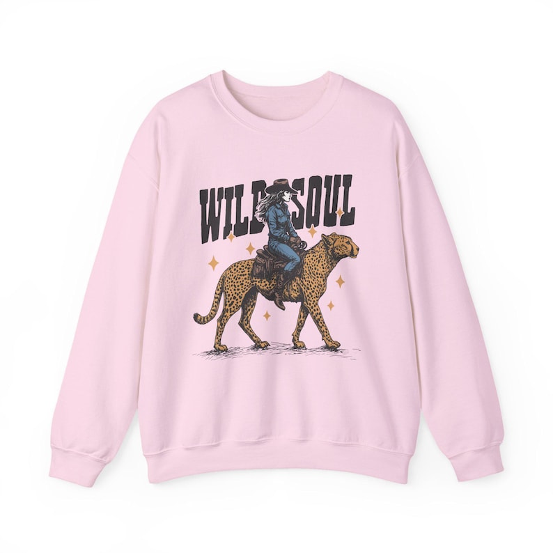 Rodeo Wear Sweatshirt Leopard Cowgirl Design Western Style Crewneck Wild Soul Print Vintage Inspired Fashion Country Ranch Clothing Collection Comfortable Cotton Polyester Blend Casual Western Outfit Unisex Adult Sizing Fall Winter