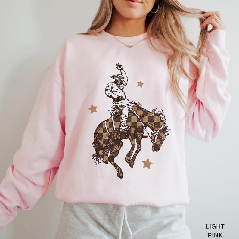 Western Cowboy Sweatshirt Retro Design Checkered Pattern Bucking Bronc Graphic Crewneck Pullover Top Rodeo Style Ranch Wear Country Outfit image 6