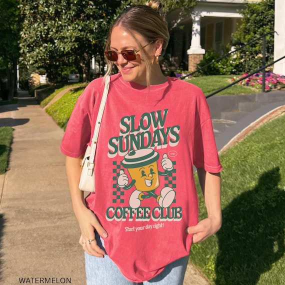 Slow Sundays Coffee Club Tshirt Vintage Style Retro Graphic Tee Design Barista Gift Sunday Morning Lazy Coffee Enthusiast Apparel Comfort