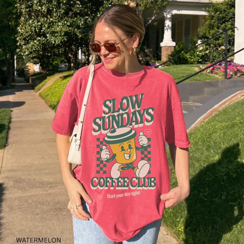 Slow Sundays Coffee Club Tshirt Vintage Style Retro Graphic Tee Design Coffee Lover Gift Premium Cotton Fabric Comfortable Fit Unisex Adult Sizing Trendy Cafe Aesthetic Morning Ritual Apparel Barista Favorite Weekend Casual Wear Oversized