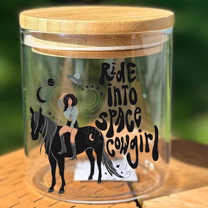 Ride Into Space Cowgirl Stash Jar - Celestial Western Container - Boho Cowgirl Gift - Unique Space Decor - Airtight Mystical Storage