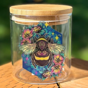 Enchanting Bumblebee & Flowers Stash Jar - Mystical Honey Bee Container - Witchy Nature Decor - Boho Garden Gift - Airtight Floral Storage
