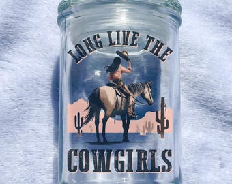 Long Live the Cowgirls Stash Jar | Airtight Glass Jar with Western Cowgirl Decal | Rustic Boho Storage for Herbs, Tea, Spices, Gifts