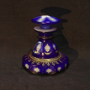 Bohemian Cobalt Blue Vintage Perfume Bottle With Lid, antique collectable decor perfume bottle gold colored detail collectable glass decor