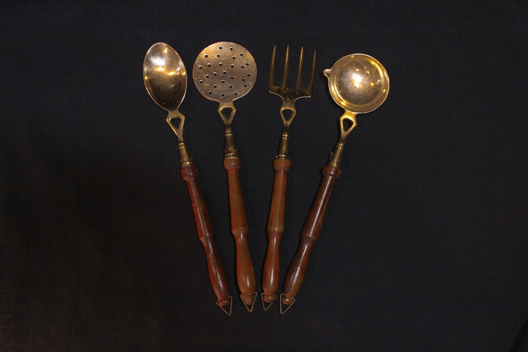 Brass and Wood Cooking Utensils, Vintage Pasta Set Hand Strainer