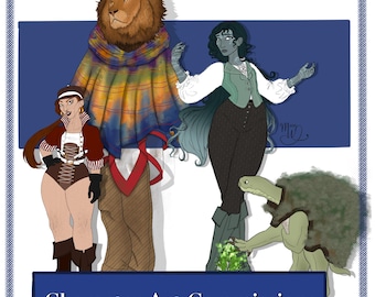 May include: Digital illustration featuring four fantasy characters. A lion-headed figure wears a colorful shawl. A woman in a steampunk outfit stands next to a woman with blue skin and hair. A turtle-like creature is also present. The text "Character Art Commissions" is at the bottom.