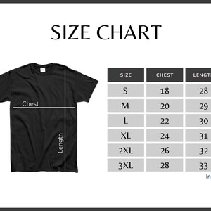 a black t-shirt with measurements and a size chart for different chest sizes.