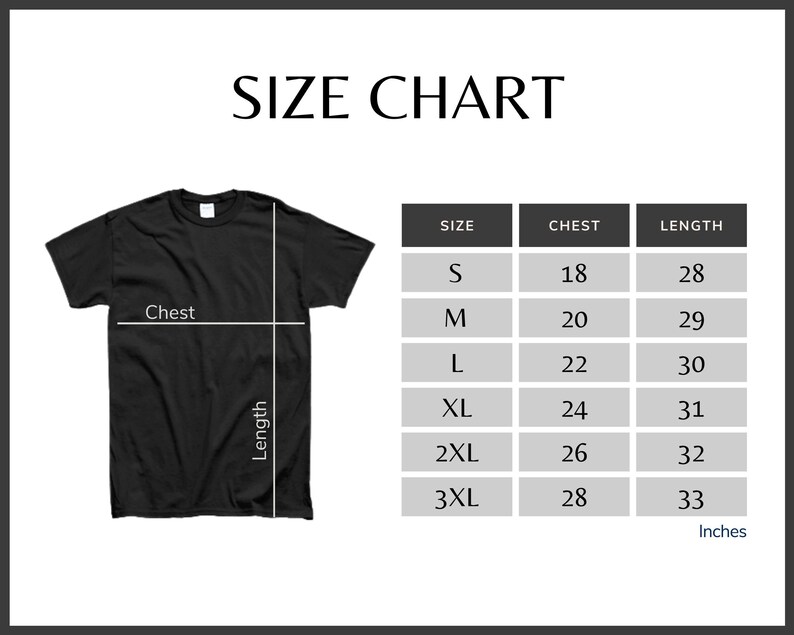 a black t-shirt with measurements and a size chart for different chest sizes.