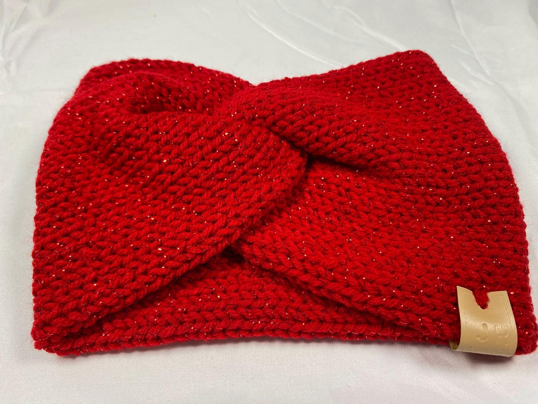 Adult Handmade Knitted Ear Warmer Headband Red Sparkle - Etsy display picture 1