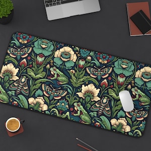 Moths, wildflowers, and toads in a dark cottagecore style. Oversized desk mat for him, home office desk accessory, Forestcore Desk accessory