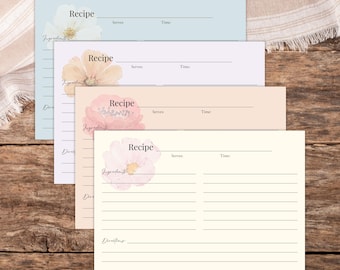 Floral Recipe Cards, Watercolor Flower Design, 6x4 inch
