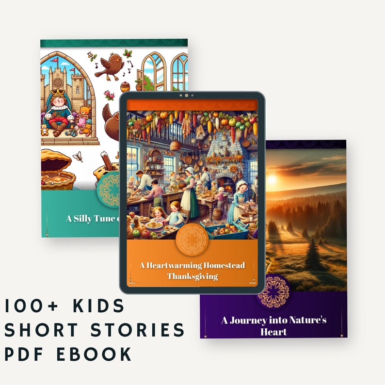 May include: An ebook cover with three illustrated book covers. The covers feature colorful illustrations of children's stories. The text on the covers reads "A Silly Tune", "A Heartwarming Homestead Thanksgiving", and "A Journey into Nature's Heart". The text "100+ KIDS SHORT STORIES PDF EBOOK" is also visible.